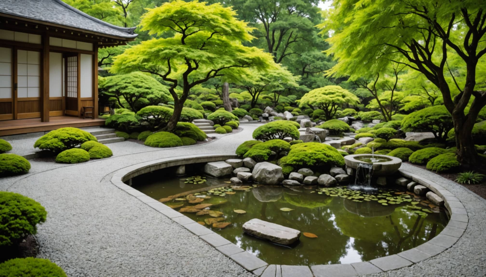 Jardin japonais avec éléments zen et végétation apaisante