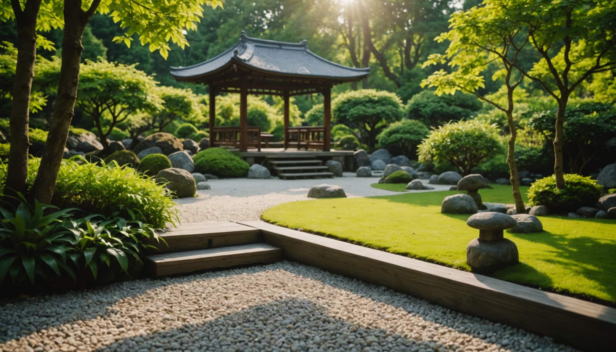 Jardin japonais tranquille sur une terrasse accueillante  
Espace zen avec plantes et pierres sur la terrasse