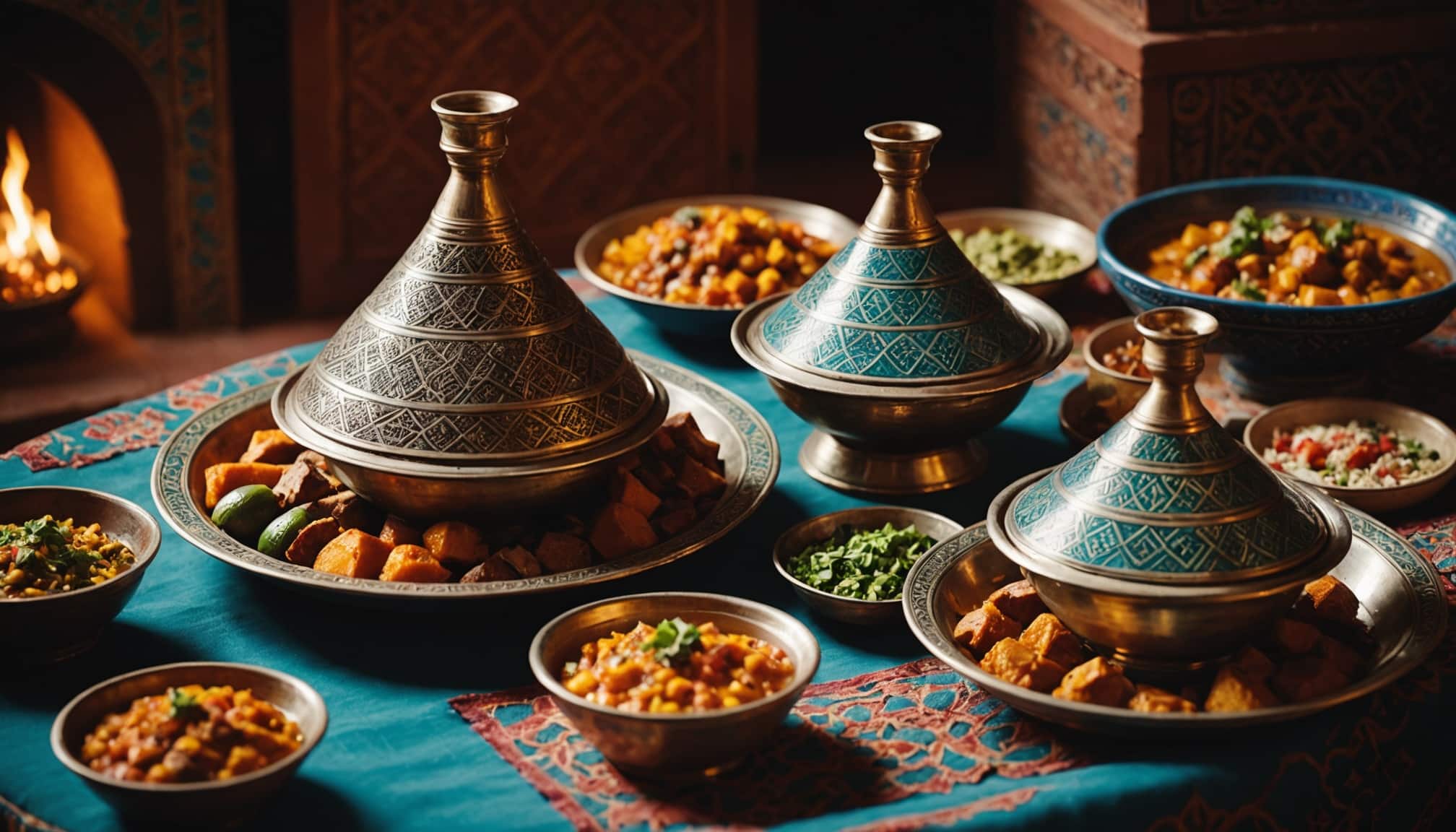 Plat coloré de cuisine marocaine avec épices et légumes  
Délicieux tajine marocaine servi avec pain traditionnel